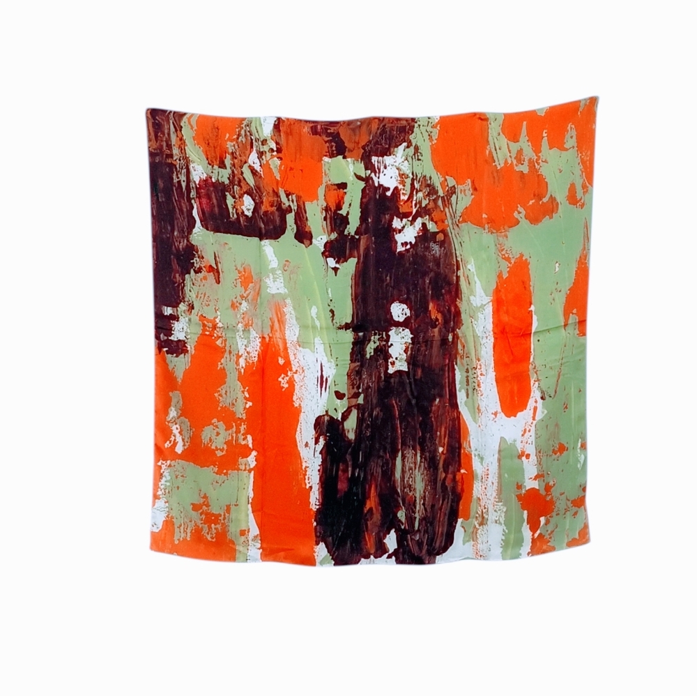 Abstract Brushstroke Large Silk Scarf in Orange, Sage Green & Brown